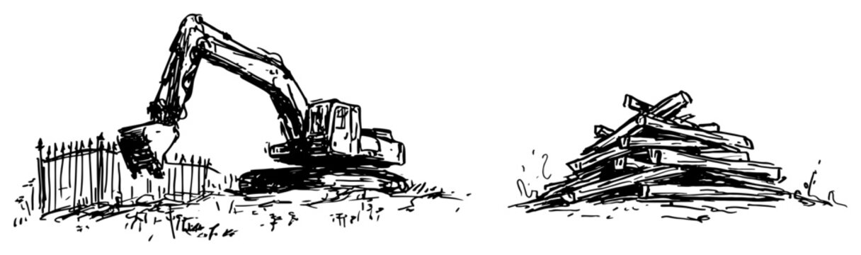 Excavator machine operating near fence beside pile of lumber black ink sketch style