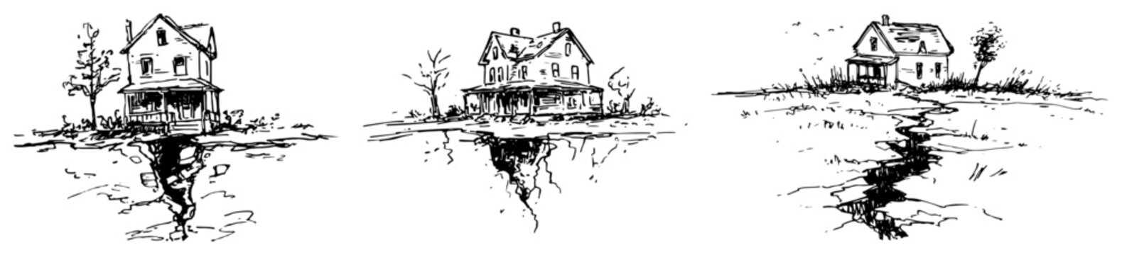 Set of houses standing near deep ground cracks representing earthquake disaster black ink sketch style
