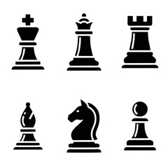 Chess piece icon set with 6 black vector elements, professional strategy game symbols, king queen rook bishop knight and pawn silhouettes for business logic © fanny