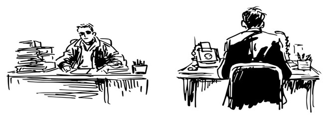 Naklejka premium Office employees working at desks with paper stacks and computers in hand drawn sketch style