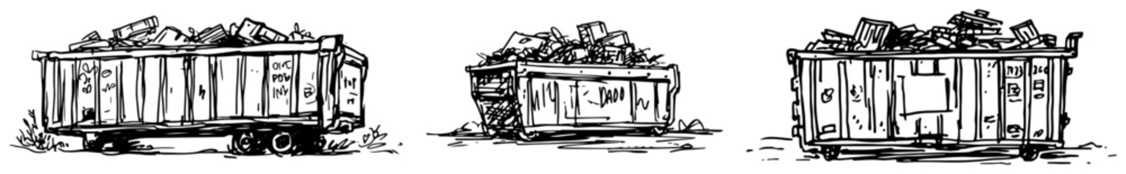 Waste containers and dumpsters filled with rubbish hand drawn ink sketch style