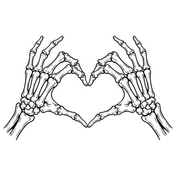 Skeleton hands making a heart shape gesture, gothic style illustration