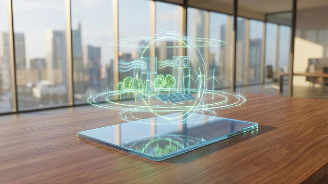 Tablet on wooden desk with holographic green ecosystem dome with carbon capture units trees solar panels and wind turbines climate solution direct air capture sustainable technology concept