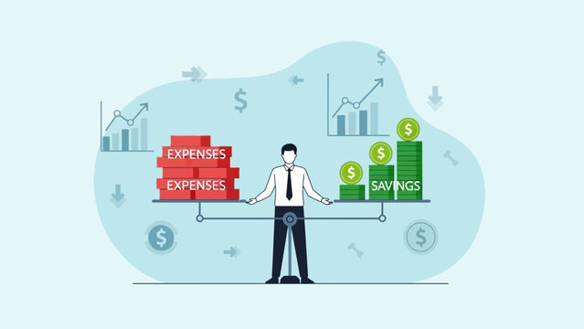 Businessman balancing expenses and savings on a scale, financial growth concept