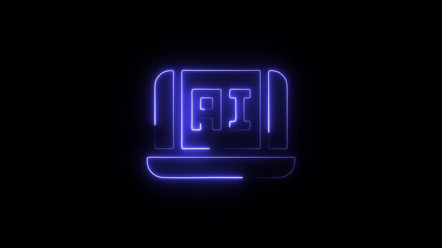 Neon blue ai laptop icon on dark background with glowing effect