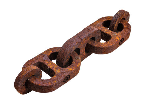Isolated industrial heavy metal chain links displaying severe rust and rough surface texture