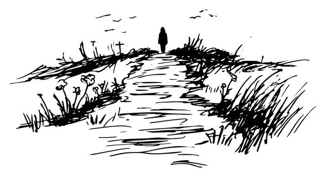 Lonely person walking on dirt path toward horizon with cemetery cross in hand drawn sketch style