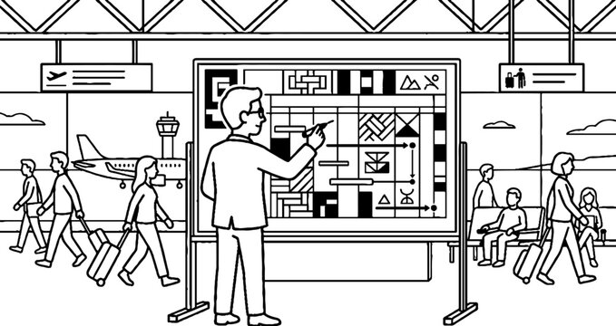 Male traveler checking information on a large map at the airport