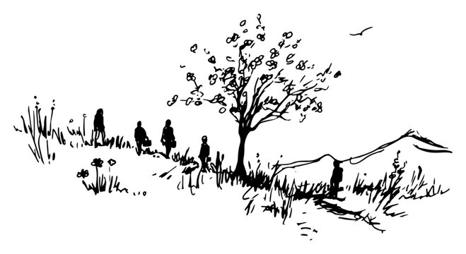 People walking along park path with tree and spring flowers hand drawn sketch style