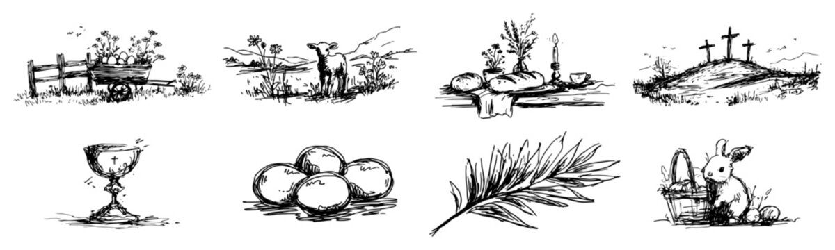 Religious easter icons collection including lamb cross eggs and palm hand drawn sketch style