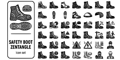 Fototapeta premium Safety Boot Zentangle Black White-Tread Pattern Steel Toe-Foot Protection Vector-Boot Icon Zentangle-Work Safety Design Set