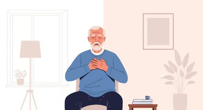 Senior man with a white beard sitting in a chair, performing deep breathing exercises with hands on chest and eyes closed in a minimalist home interior, flat vector illustration.