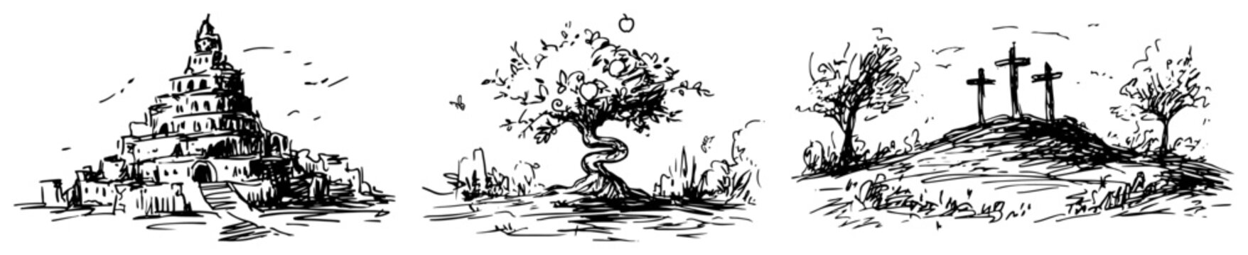 Tower of Babel tree and three crosses on hill biblical scenes sketch style