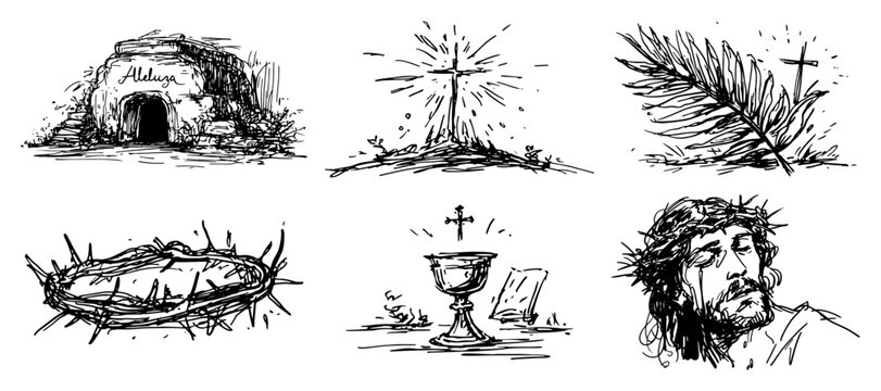 Easter religious icons set with crown of thorns and empty tomb sketch style
