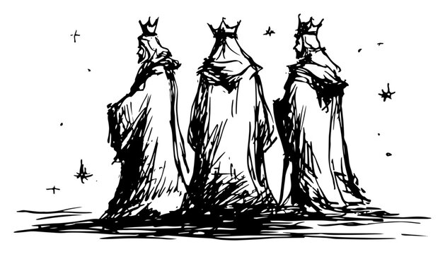 Three wise men magi walking under starry sky hand drawn sketch style
