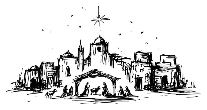 Bethlehem city skyline with nativity scene and star hand drawn ink sketch