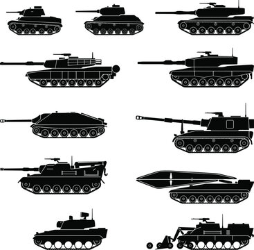 
Military Tank and Armored Vehicle Silhouette Set with Battle Tanks Artillery and Missile Launcher Vector