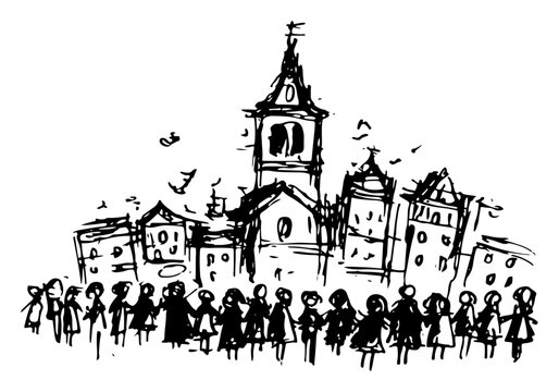 People gathering in front of old church and cathedral buildings hand drawn sketch style