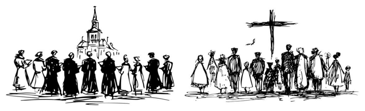 Religious community gathered near church and large cross on hill hand drawn sketch style