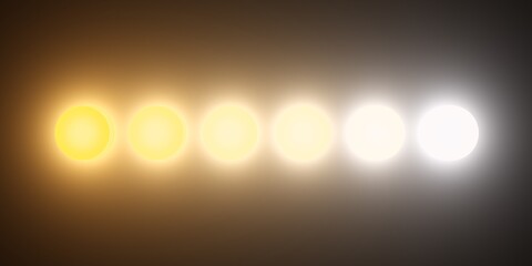 Obraz na płótnie Canvas Row of round lights or lamps with different kelvin color temperatures from warm orange to cool blue on dark background, flat lay top view from above