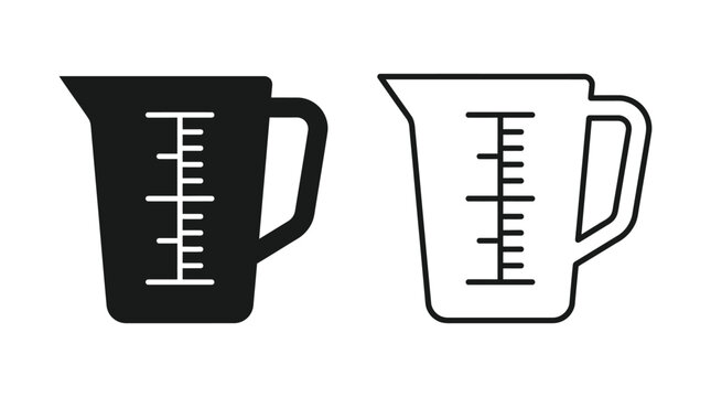 Measuring cup silhouette and line drawing on white background