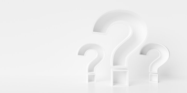 Three hollow outlined question marks standing on white background with copy space, idea, solution or question or communication business concept template