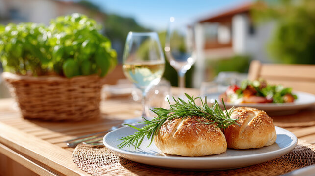 Rustic summer alfresco table with seeded bread rolls garnished with rosemary for outdoor dining background and menu layout