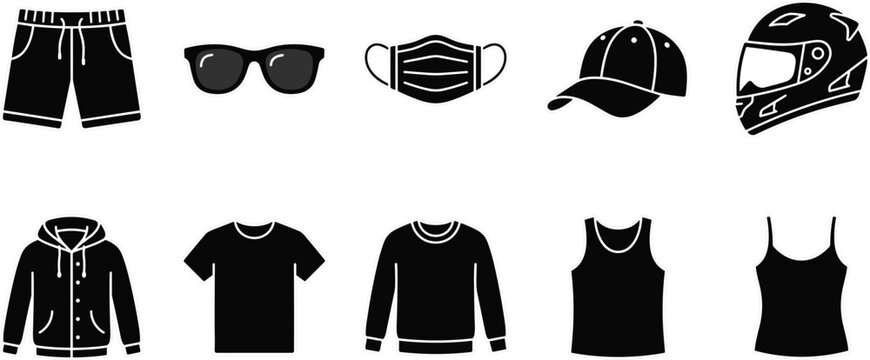 Black silhouette fashion and safety accessory icon set including shorts sunglasses face mask cap helmet hoodie tshirt sweater tank top.