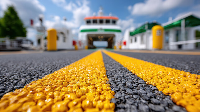Close up textured yellow centerline on pavement leading to ferry boarding ramp for transport and travel background or banner