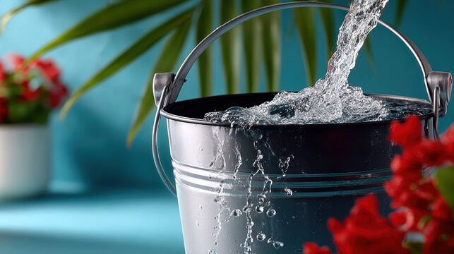 Metal bucket catching leaking water with splash for home repair background and maintenance banner showing overflow and cleanup