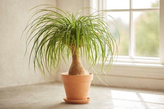 Ponytail palm (Beaucarnea recurvata) with bulbous trunk and cascading thin leaves, terracotta pot, on a concrete floor, bright room with window light, plant fully focused