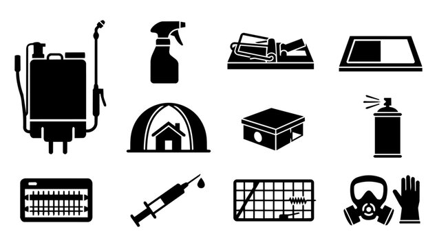 Pest Control Equipment and Treatment Silhouette Icons Set