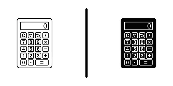 Electronic office calculator outline and glyph icon set isolated on white background