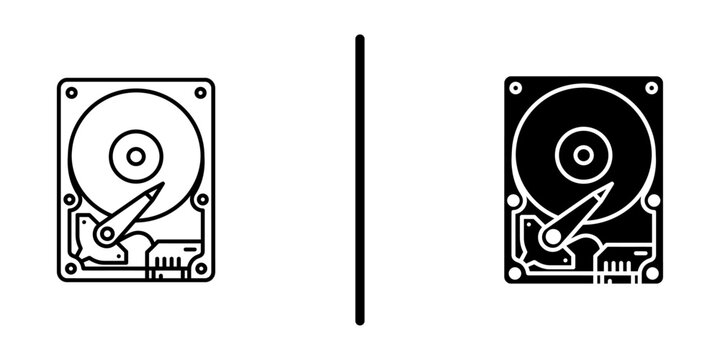 Computer hard disk drive outline and glyph icon set isolated on white background