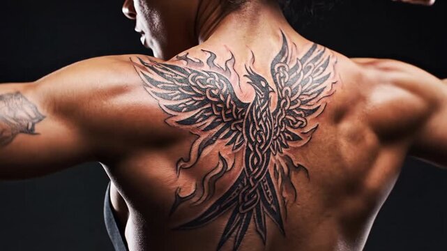 Strong man's back displays intricate phoenix tattoo design