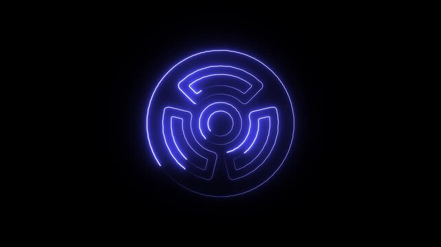 A blue neon glowing circular maze on a black background with a futuristic design