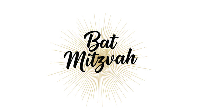 Elegant bat mitzvah celebration text in black script font surrounded by a delicate golden sunburst against a white background.