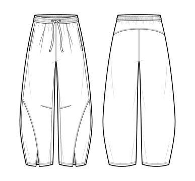 Split Hem Barrel Leg Pants Technical Fashion Illustration. Unisex Sweatpants Vector Template. Front and Back View. Elastic Waist. CAD Mockup.