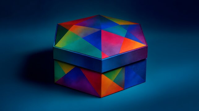 A geometric hexagonal box with colorful mosaic design, set against a vibrant blue backdrop