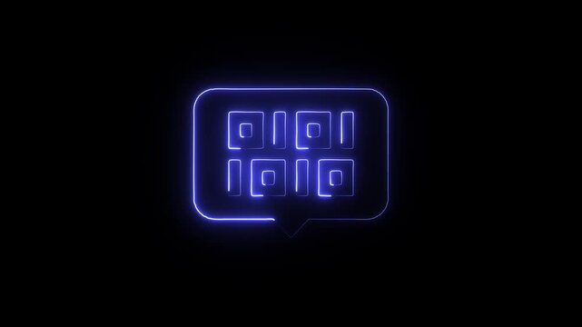 Neon blue glowing qr code in a speech bubble on black background