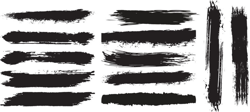Set of vector paint brush stroke, ink splatter and artistic design elements. Hand drawn brush stroke textures set. Grunge banner background. Black hand drawn stripes, smears, rough grunge thick paint
