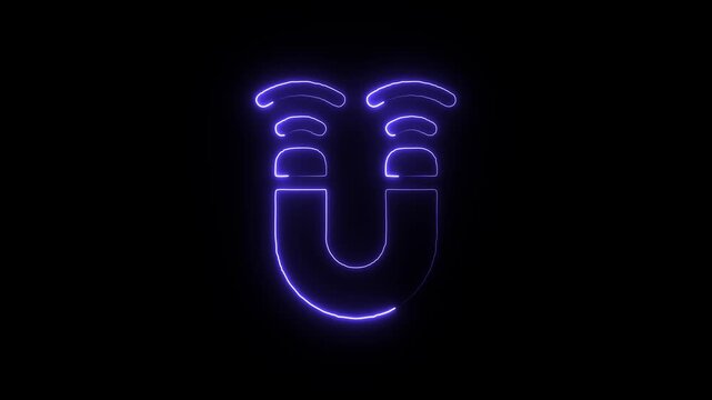 Glowing blue neon magnet with lines on top on black background