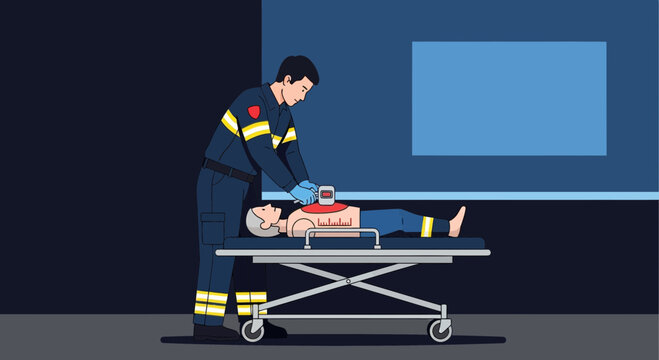 Paramedic performing CPR with defibrillator on stretcher, emergency medical care