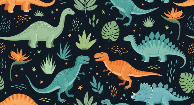 Seamless dinosaur pattern featuring colorful prehistoric creatures and tropical plants on a dark background for children textile.