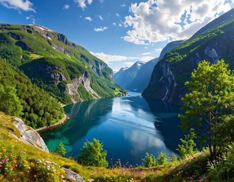 Breathtaking Norwegian Fjord Landscape with Lush Green Mountains and Reflecting Water.