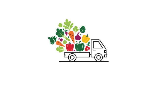 Fresh vegetable delivery concept with simple line drawing of a truck carrying a bounty of colorful healthy farm produce.