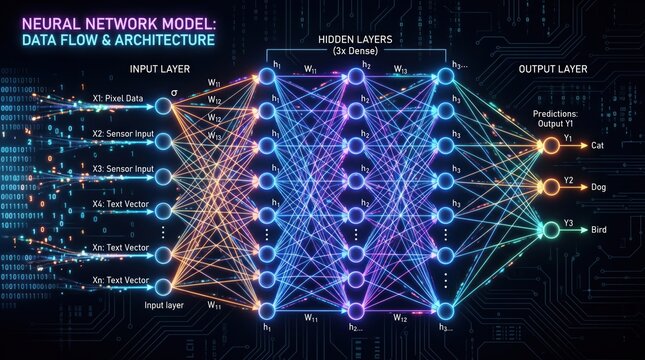 Neural network architecture diagram illustrating deep learning data flow with glowing nodes and interconnected layers on a dark digital background for advanced artificial