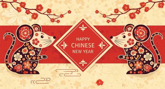 Happy Chinese New Year greeting card featuring decorative rats and plum blossoms in traditional red and gold color palette.