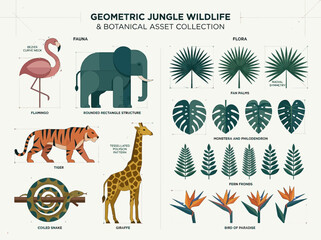Geometric Jungle Wildlife and Botanical Asset Collection: Flat Vector Illustrations of Tiger, Elephant, Giraffe, and Tropical Leaves © andy