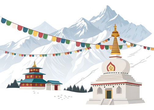 Minimalist vector travel art of Sikkim Himalayan monasteries, colorful prayer flags and snowy peaks